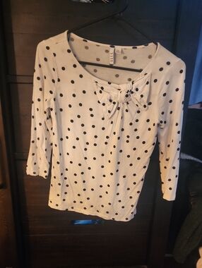 Elle Long-Sleeve Scoop Top with Black Polka Dots and Front Bow
